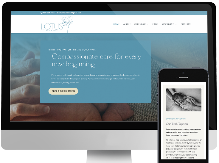 Lotus Doula Care responsive website design shown on desktop and mobile screens